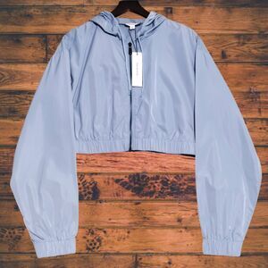 True Religion Boxy Crop Zip Up Hoodie Womens Large Blue Windbreaker Jacket NEW